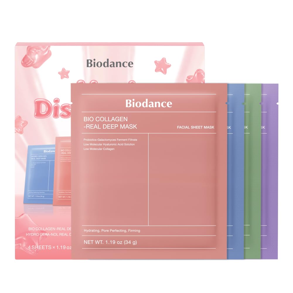 BIODANCE Bio-Collagen Real Deep Mask, Hydrating Overnight Hydrogel Face Mask, Pore Minimizing, Elasticity, Plumping, Travel Essentials & Self Care Gifts for Women, Korean Skin Care | 1.19oz(34g) x 4ea