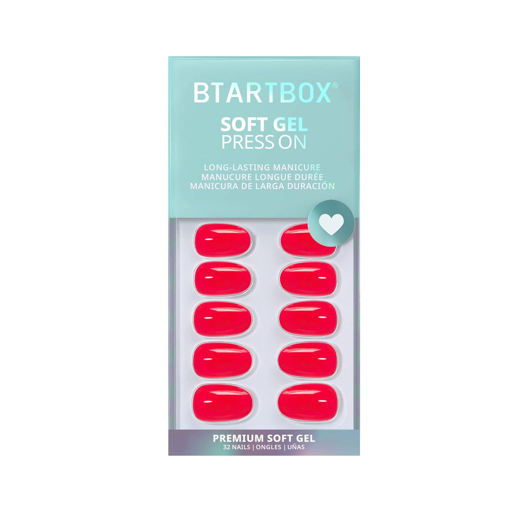 BTArtbox Press On Nails, Short Almond Pink Fake Nails, 32Pcs Full Kit