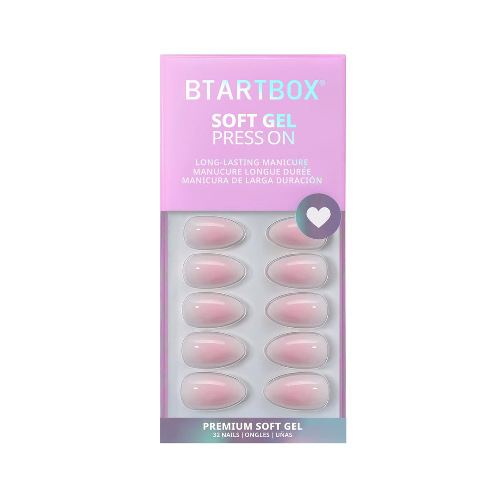 BTArtbox Press On Nails, Short Almond Pink Fake Nails, 32Pcs Full Kit