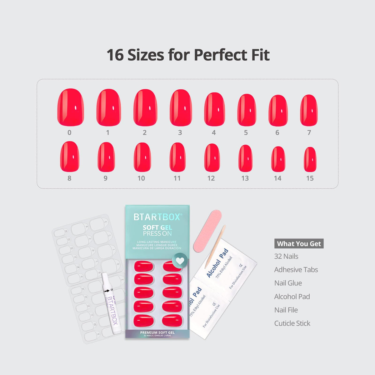 BTArtbox Press On Nails, Short Almond Pink Fake Nails, 32Pcs Full Kit