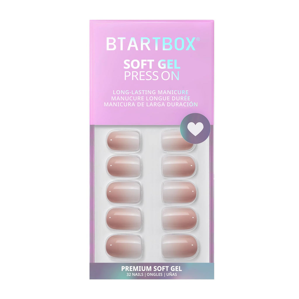 BTArtbox Press On Nails, Short Almond Pink Fake Nails, 32Pcs Full Kit