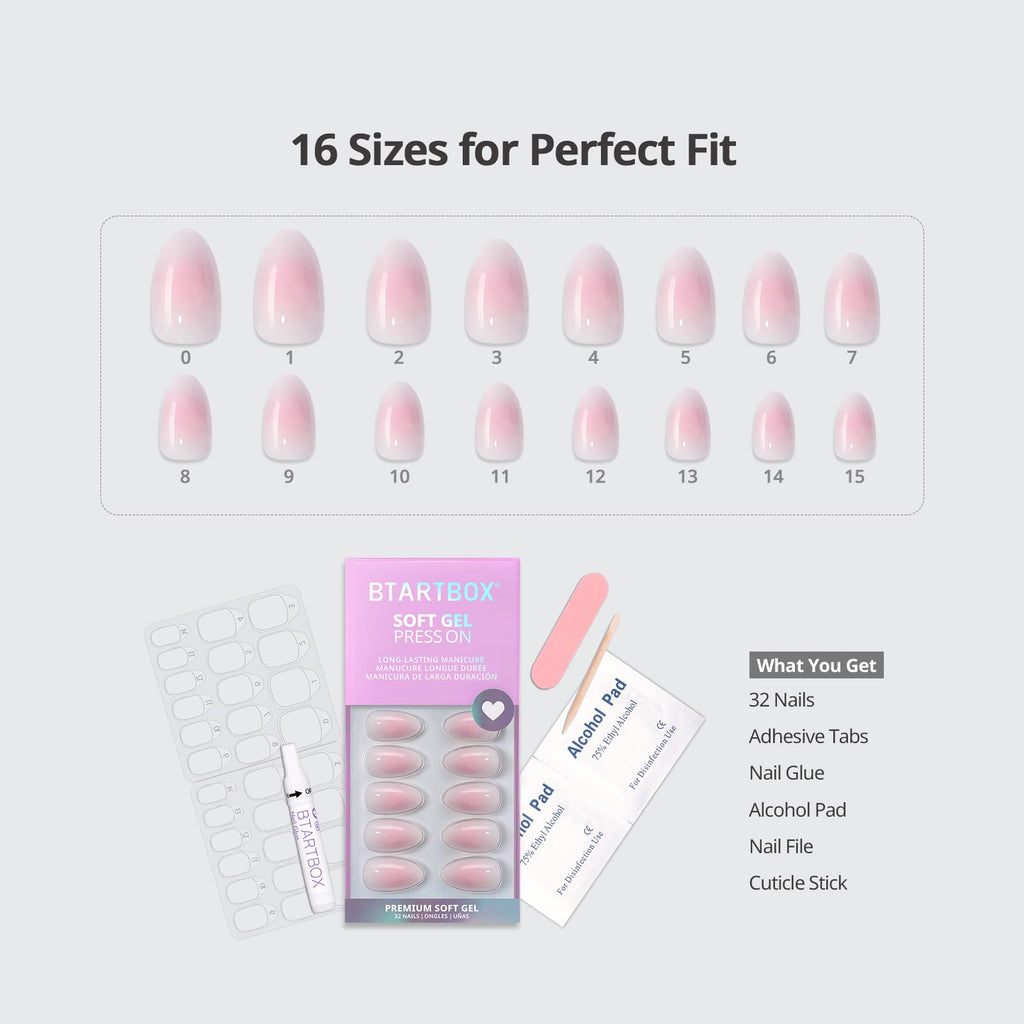 BTArtbox Press On Nails, Short Almond Pink Fake Nails, 32Pcs Full Kit