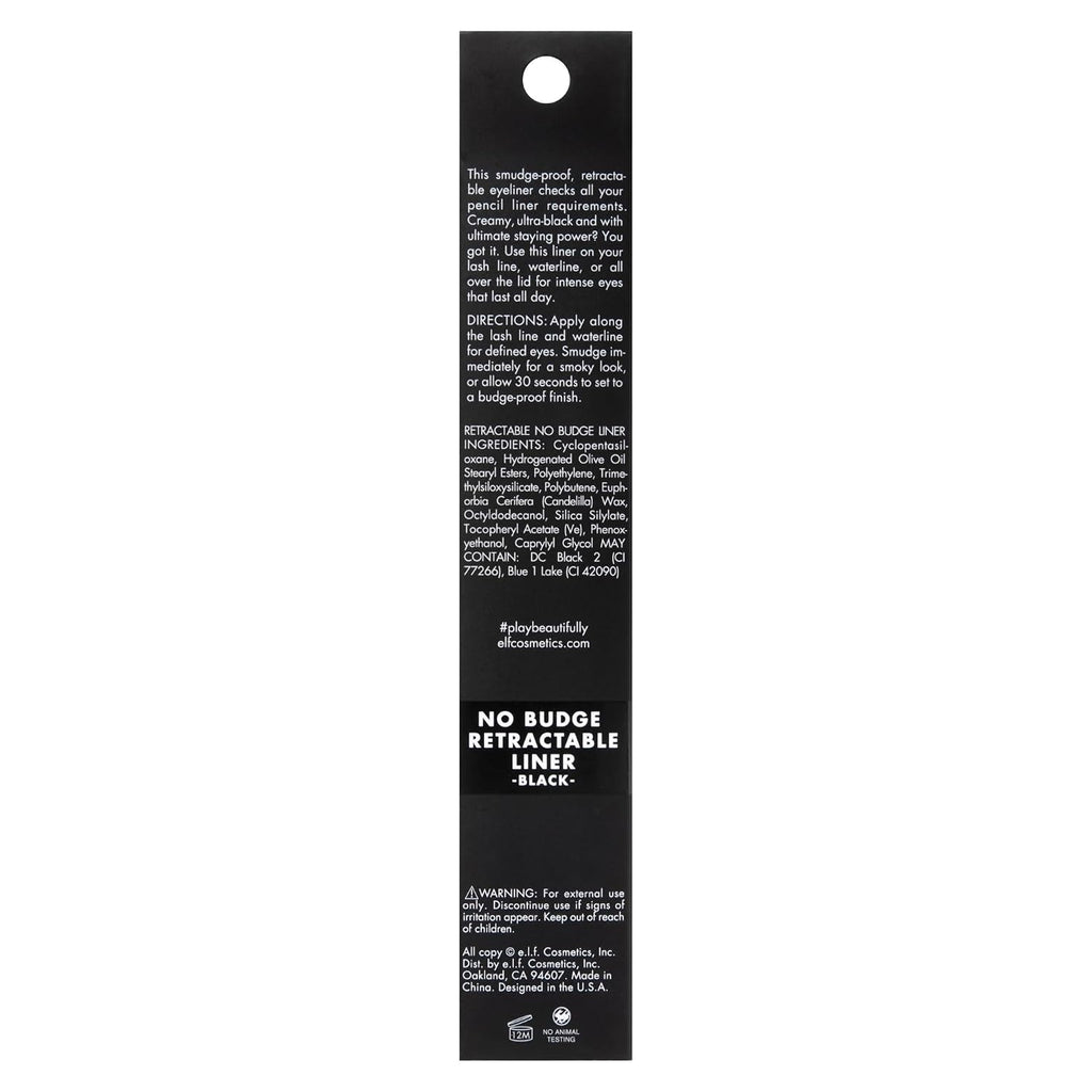 e.l.f. No Budge Retractable Eyeliner, Creamy, Ultra-Pigmented & Waterproof, Creates Bold & Defined Lines, Vegan & Cruelty-Free, Black