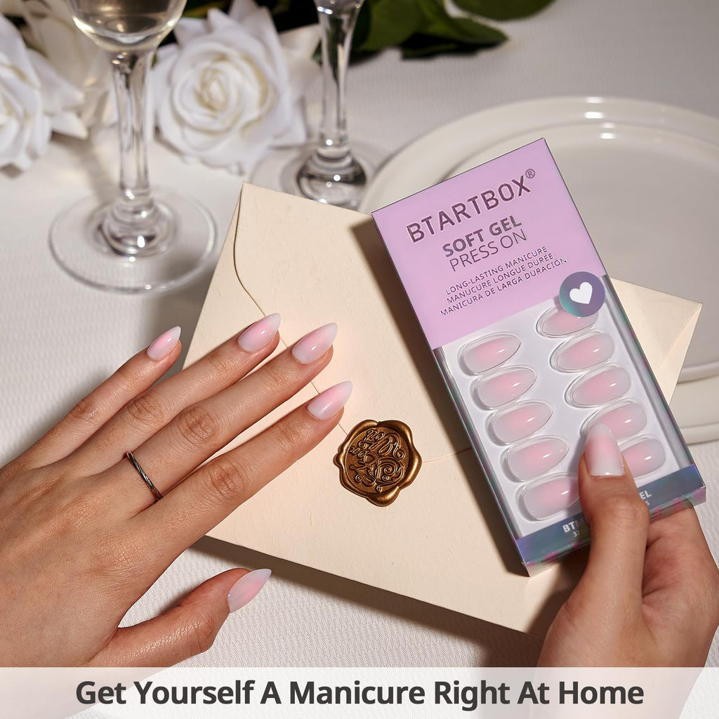 BTArtbox Press On Nails, Short Almond Pink Fake Nails, 32Pcs Full Kit