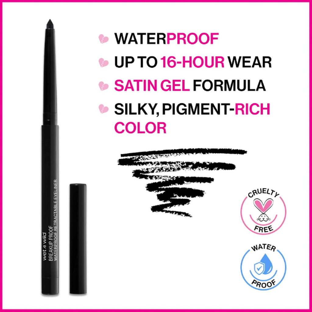 wet n wild Mega Last Breakup Proof Waterproof Retractable Gel Eyeliner - Ultra Pigmented 16-Hour Long Wear, Smudge Proof Satin Finish Formula, Cruelty-Free & Vegan - Charcoal