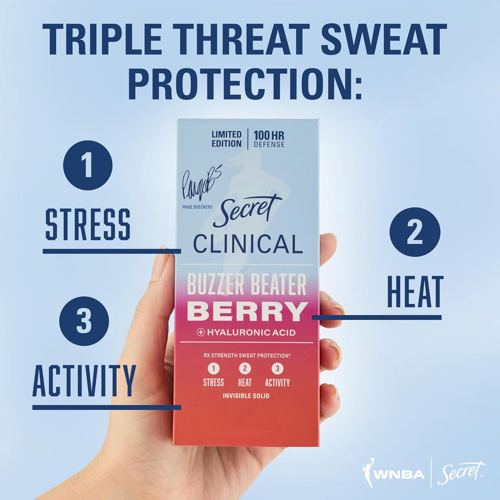 Secret Clinical Strength 100HR Defense, Invisible Solid Antiperspirant Deodorant for Women, A'Ja Wilson Edition, Triple Threat Sweat Protection, Hyaluronic Acid, Court Queen Citrus Scent, 2.6 oz