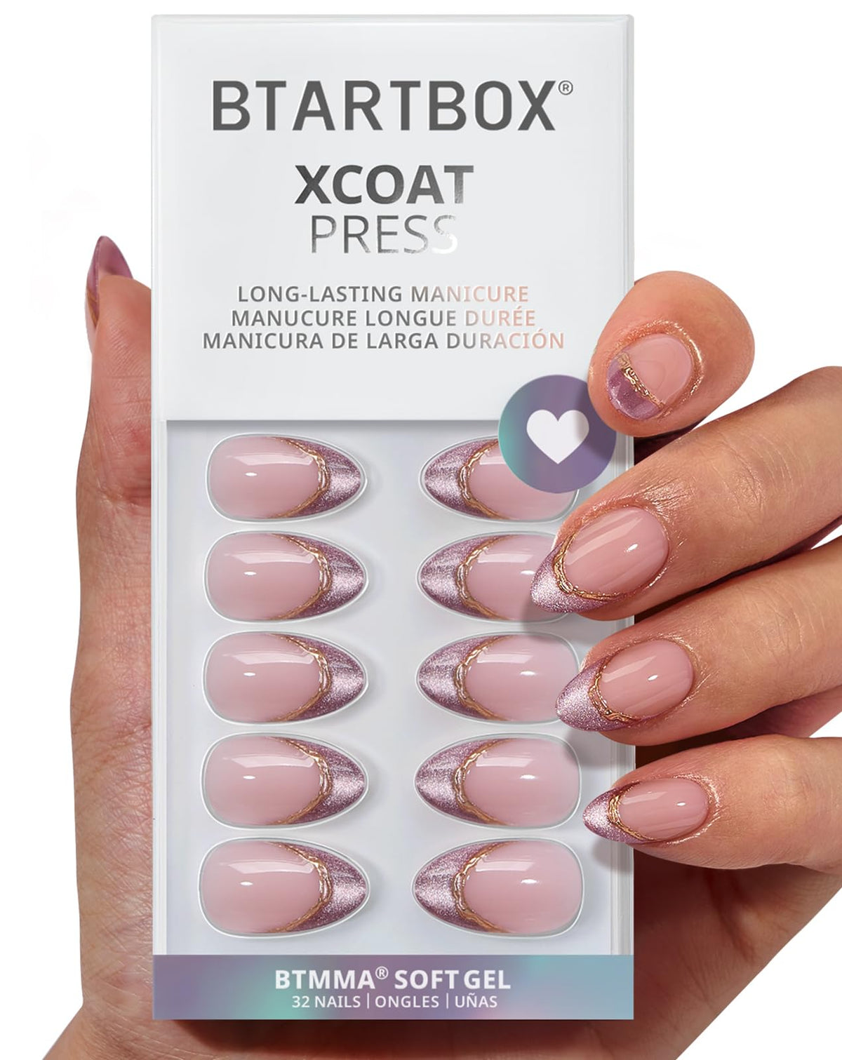 BTArtbox Press On Nails, Short Almond Pink Fake Nails, 32Pcs Full Kit