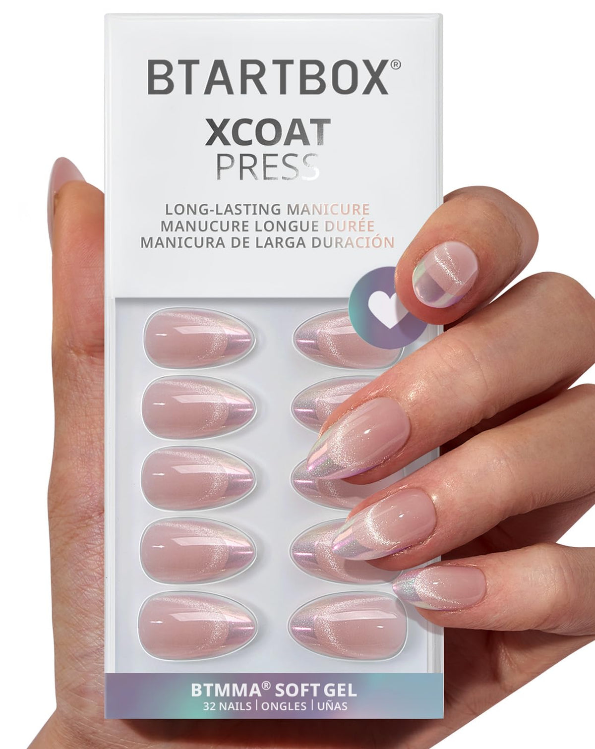 BTArtbox Press On Nails, Short Almond Pink Fake Nails, 32Pcs Full Kit
