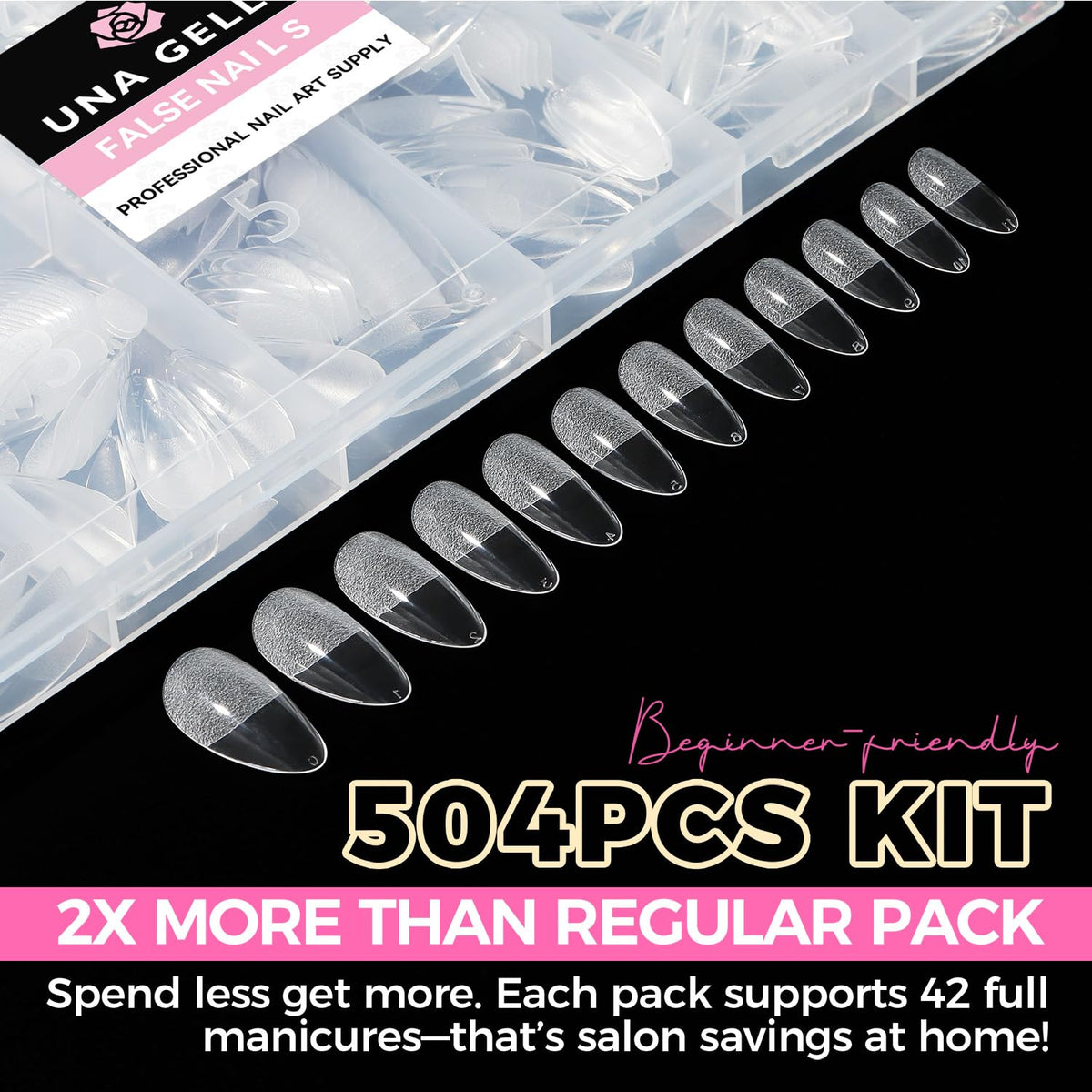 UNA GELLA Almond Gel Nail Tips 504PCS Pre-Etched Clear Fake Nails Tips