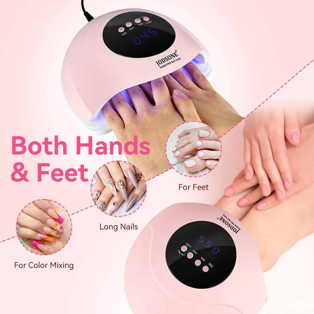 JODSONE U V LED Nail Lamp with Base Coat Top Coat Set, Nail Dryer for Gel Polish for Nails with Automatic Sensor & 4 Timers