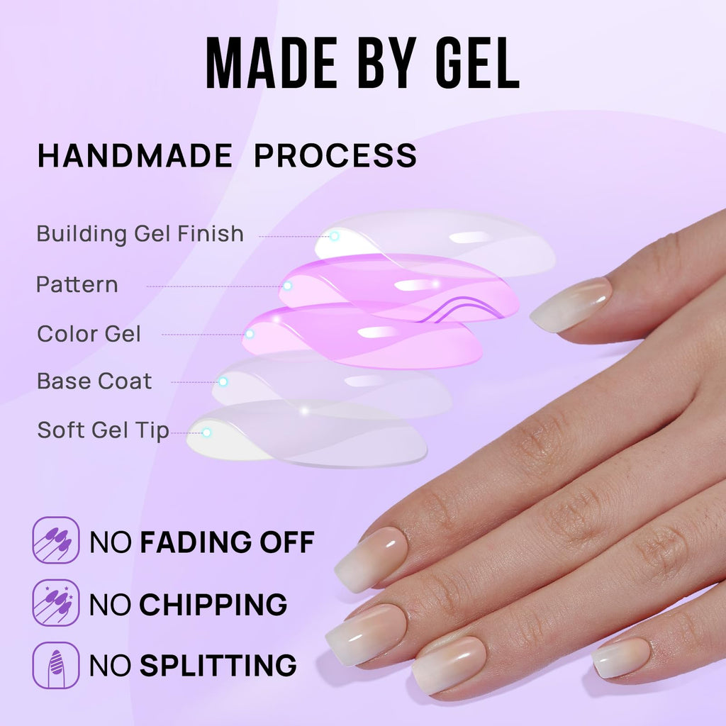 BTArtbox Press On Nails, Short Almond Pink Fake Nails, 32Pcs Full Kit