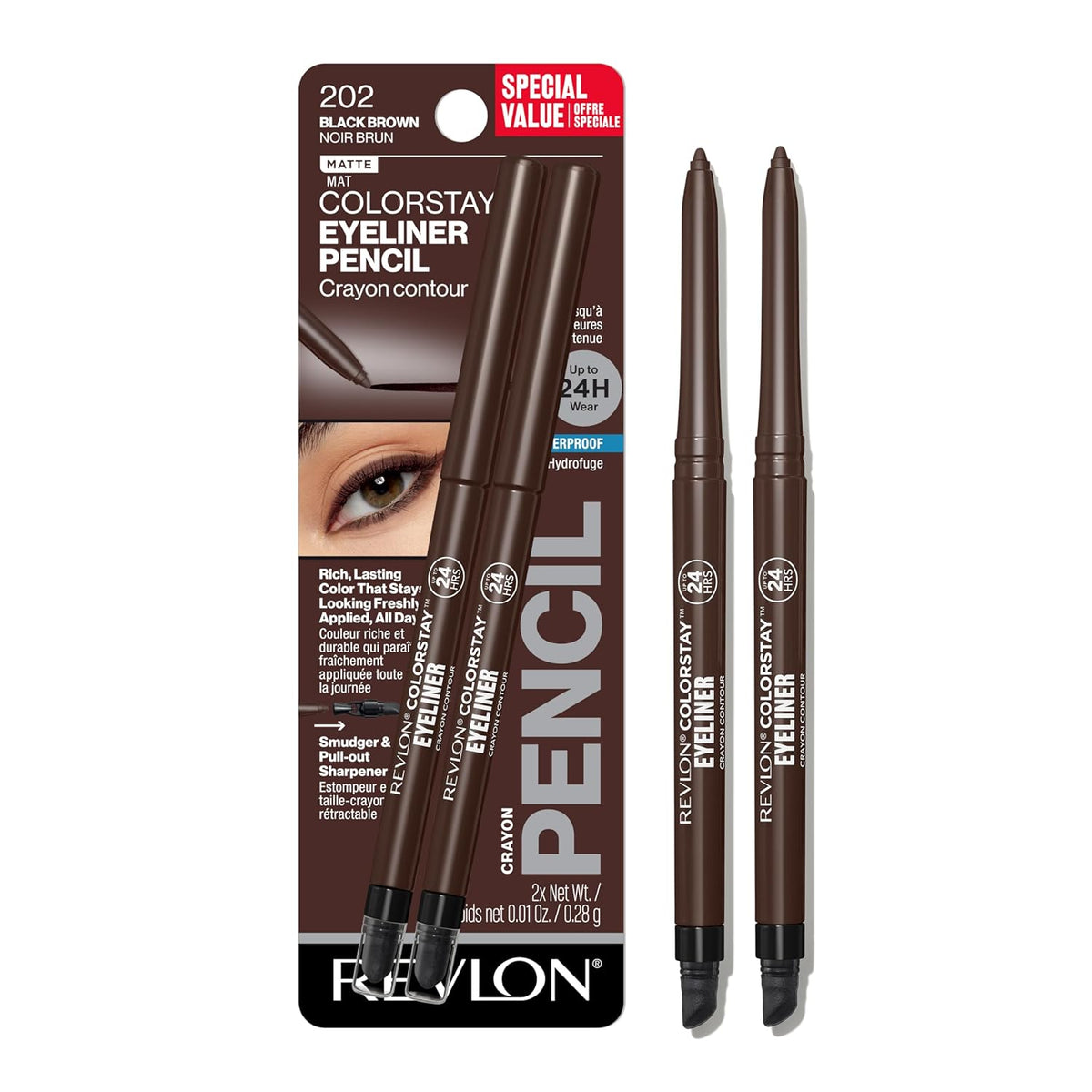 Revlon ColorStay Pencil Waterproof Eyeliner, 202 Black Brown, 0.01 oz