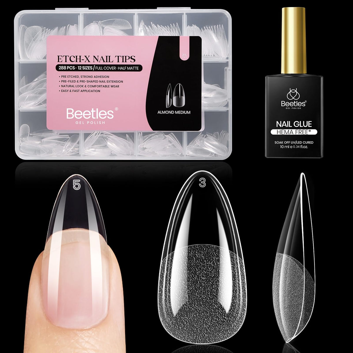 Beetles Soft Gel Nail Tips Short Almond 288pcs in 12 Sizes Etch-X