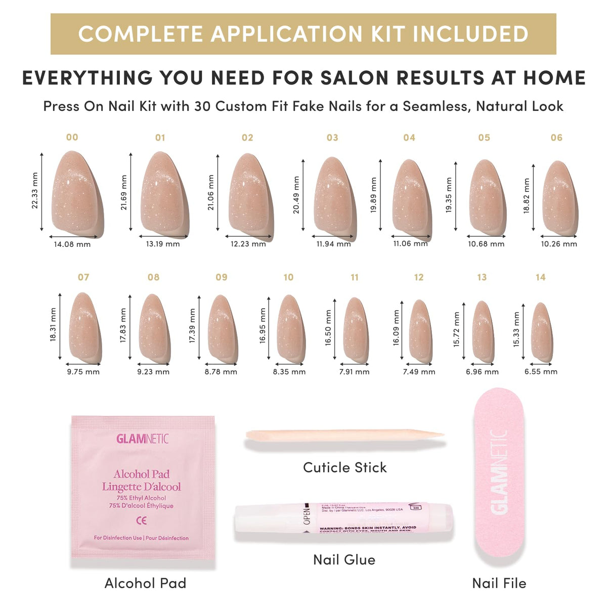 Glamnetic Press On Nails, Short Almond Glossy, Fake Nails 30pc Nail Kit