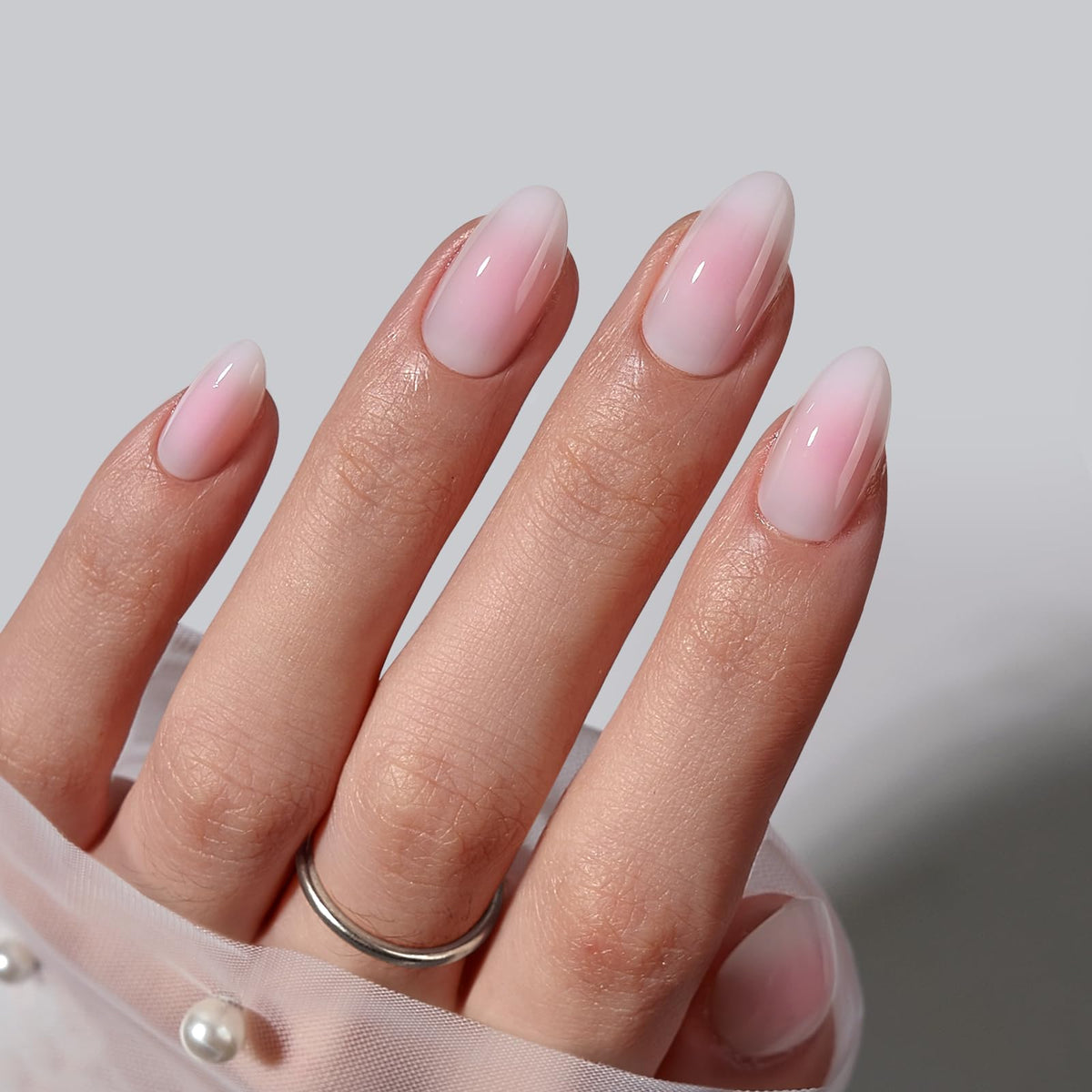 BTArtbox Press On Nails, Short Almond Pink Fake Nails, 32Pcs Full Kit