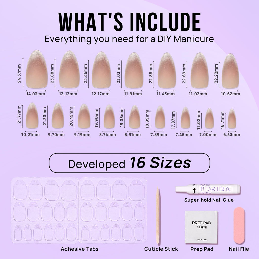 BTArtbox Press On Nails, Short Almond Pink Fake Nails, 32Pcs Full Kit