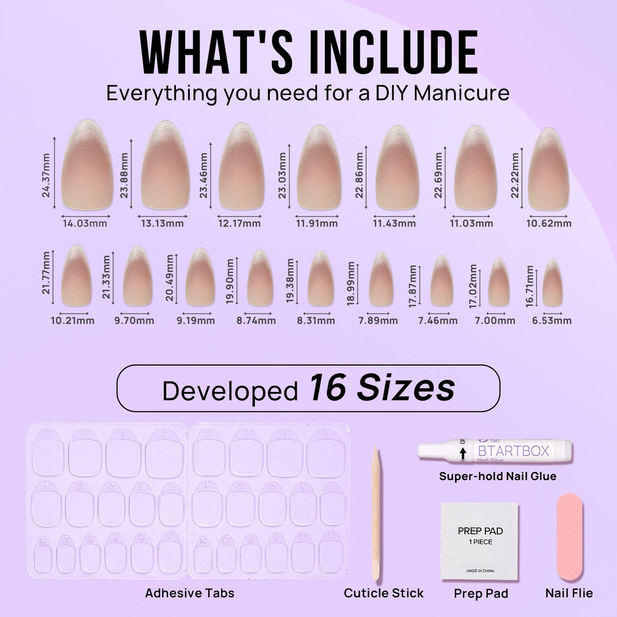 BTArtbox Press On Nails, Short Almond Pink Fake Nails, 32Pcs Full Kit