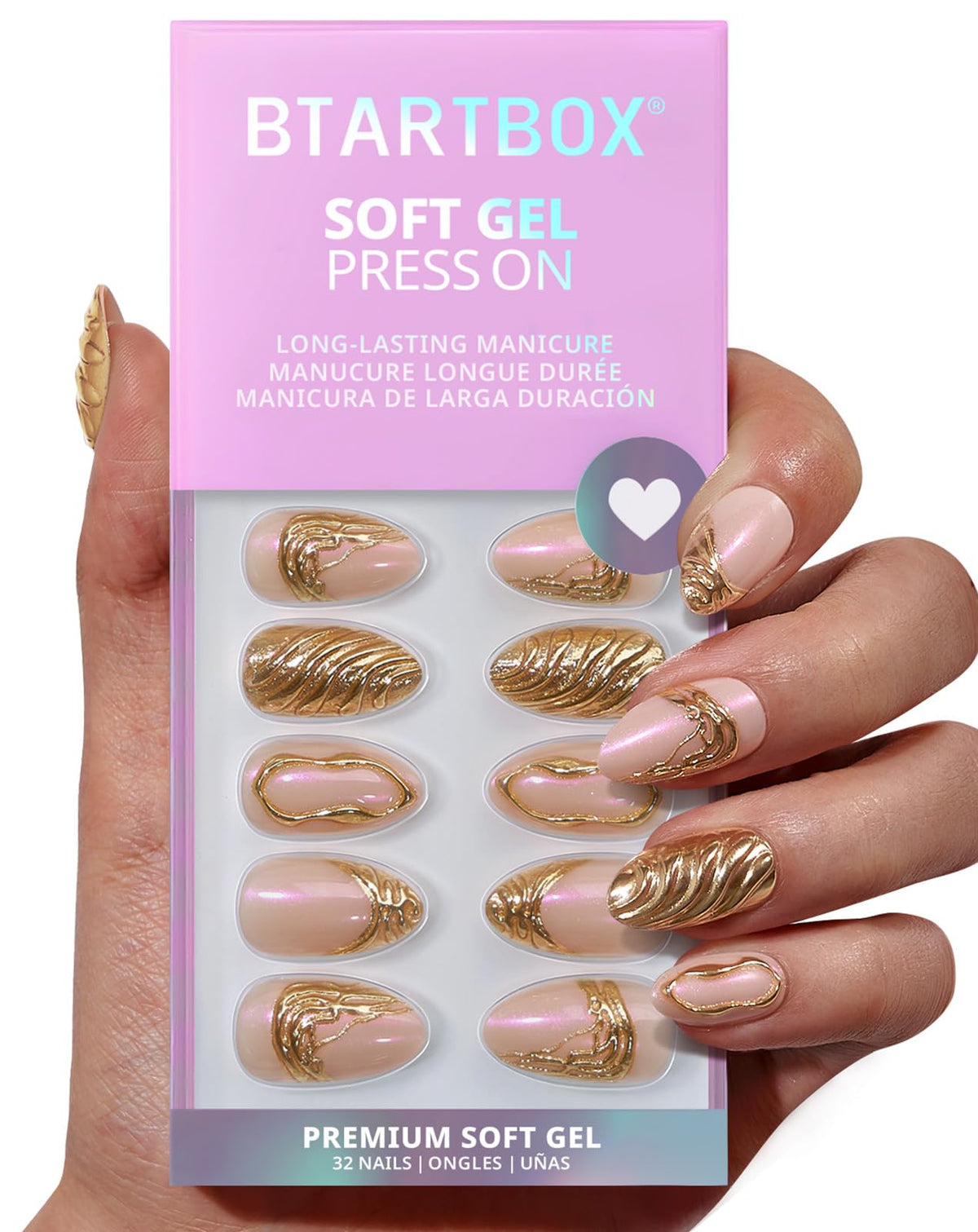 BTArtbox Press On Nails, Short Almond Pink Fake Nails, 32Pcs Full Kit