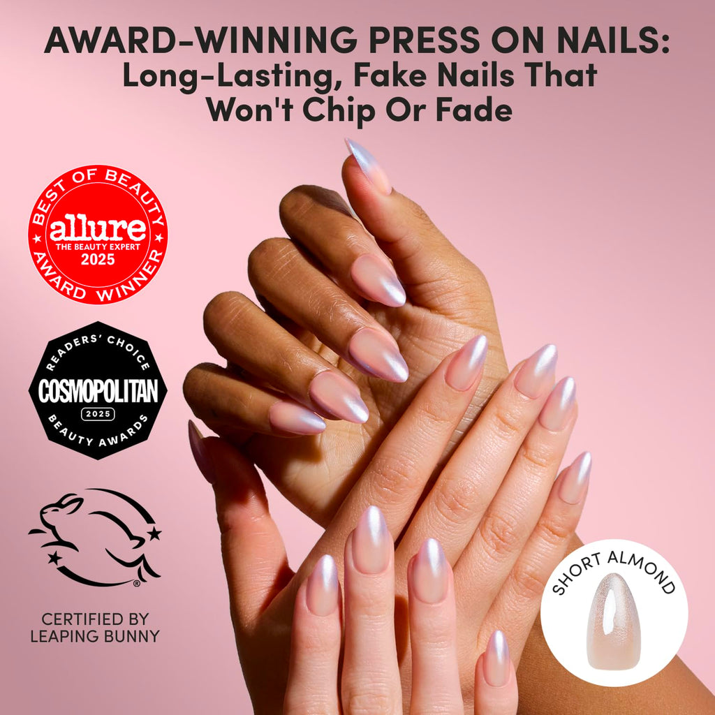 Glamnetic Press On Nails, Short Almond Glossy, Fake Nails 30pc Nail Kit