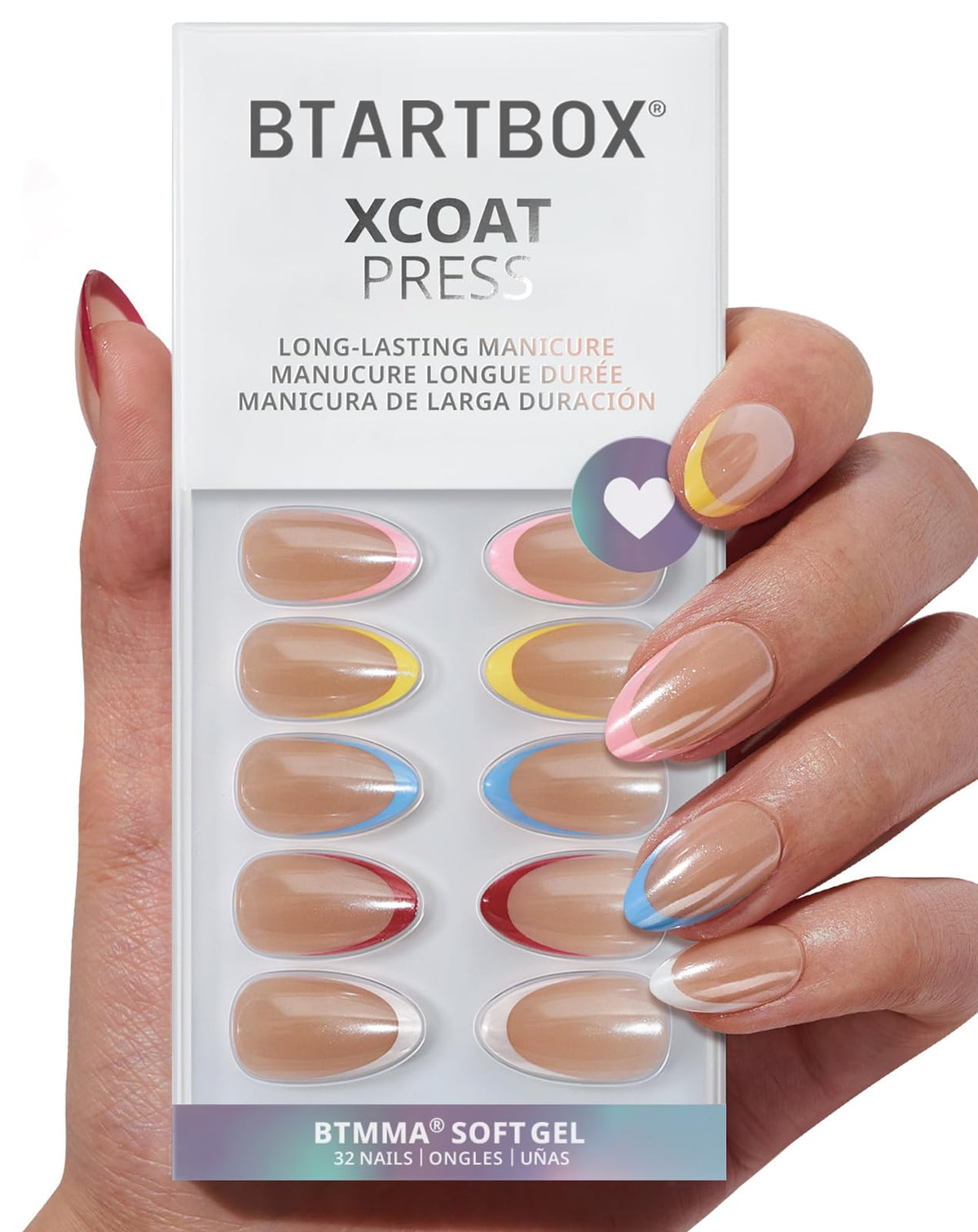 BTArtbox Press On Nails, Short Almond Pink Fake Nails, 32Pcs Full Kit