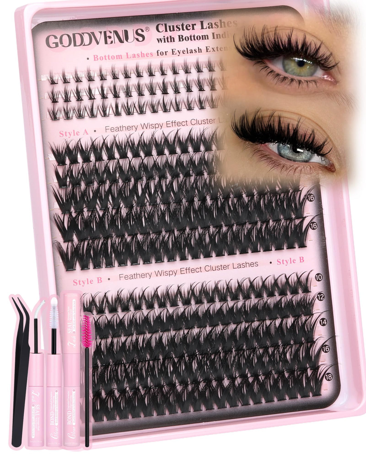 Goddvenus Lash Clusters Kit Wispy Eyelash Clusters Lashes Natural DIY Lash Extension Kit 10-16mm Cluster Eyelash Extensions Kit 300pcs C Curl Individual Lashes Cluster Eyelash (With Tweezers)