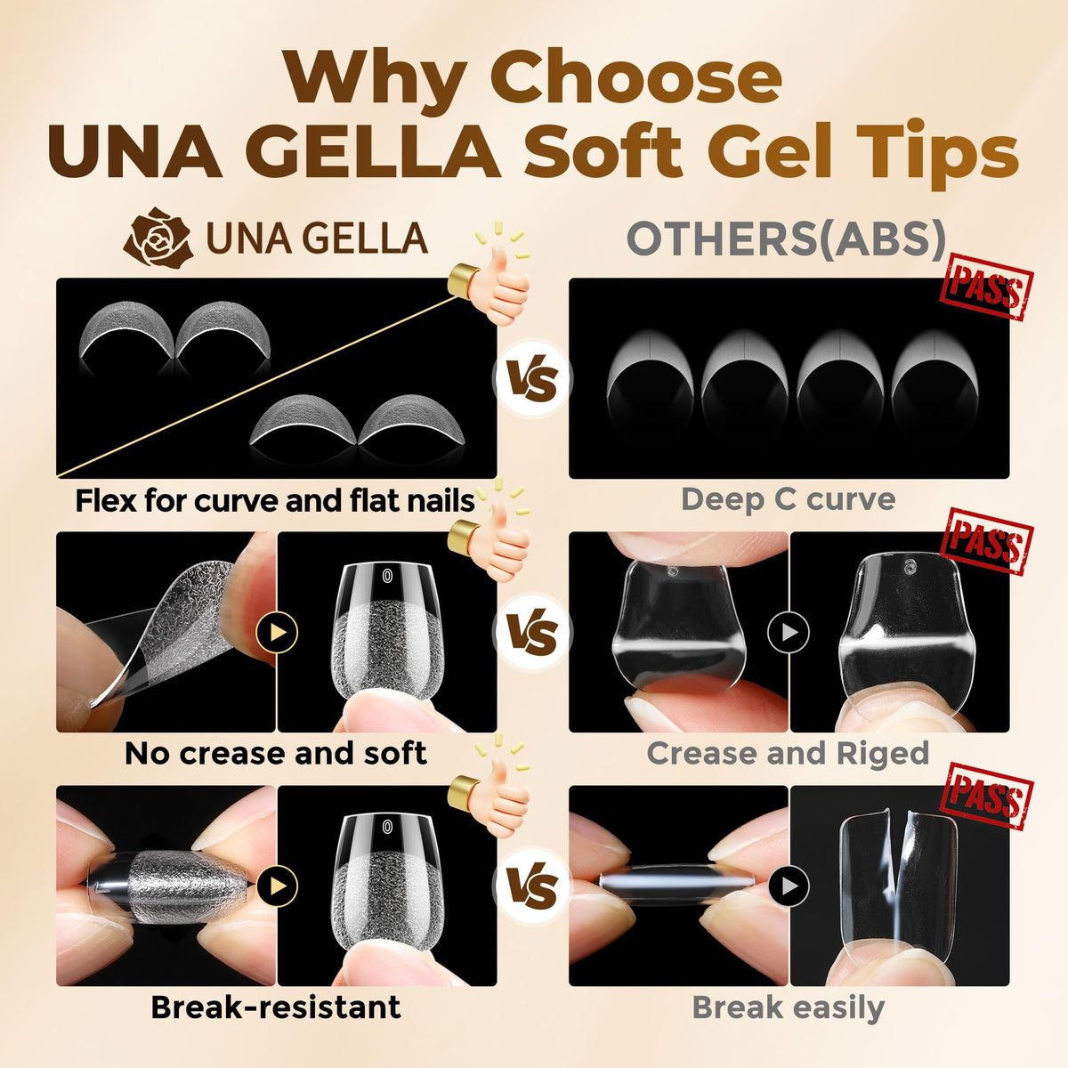 UNA GELLA Almond Gel Nail Tips 504PCS Pre-Etched Clear Fake Nails Tips
