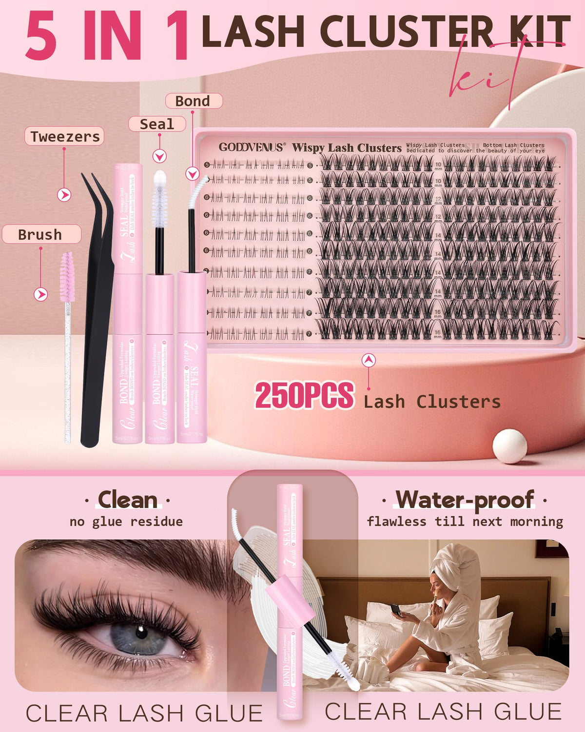 Goddvenus Lash Clusters Kit Wispy Eyelash Clusters Lashes Natural DIY Lash Extension Kit 10-16mm Cluster Eyelash Extensions Kit 300pcs C Curl Individual Lashes Cluster Eyelash (With Tweezers)