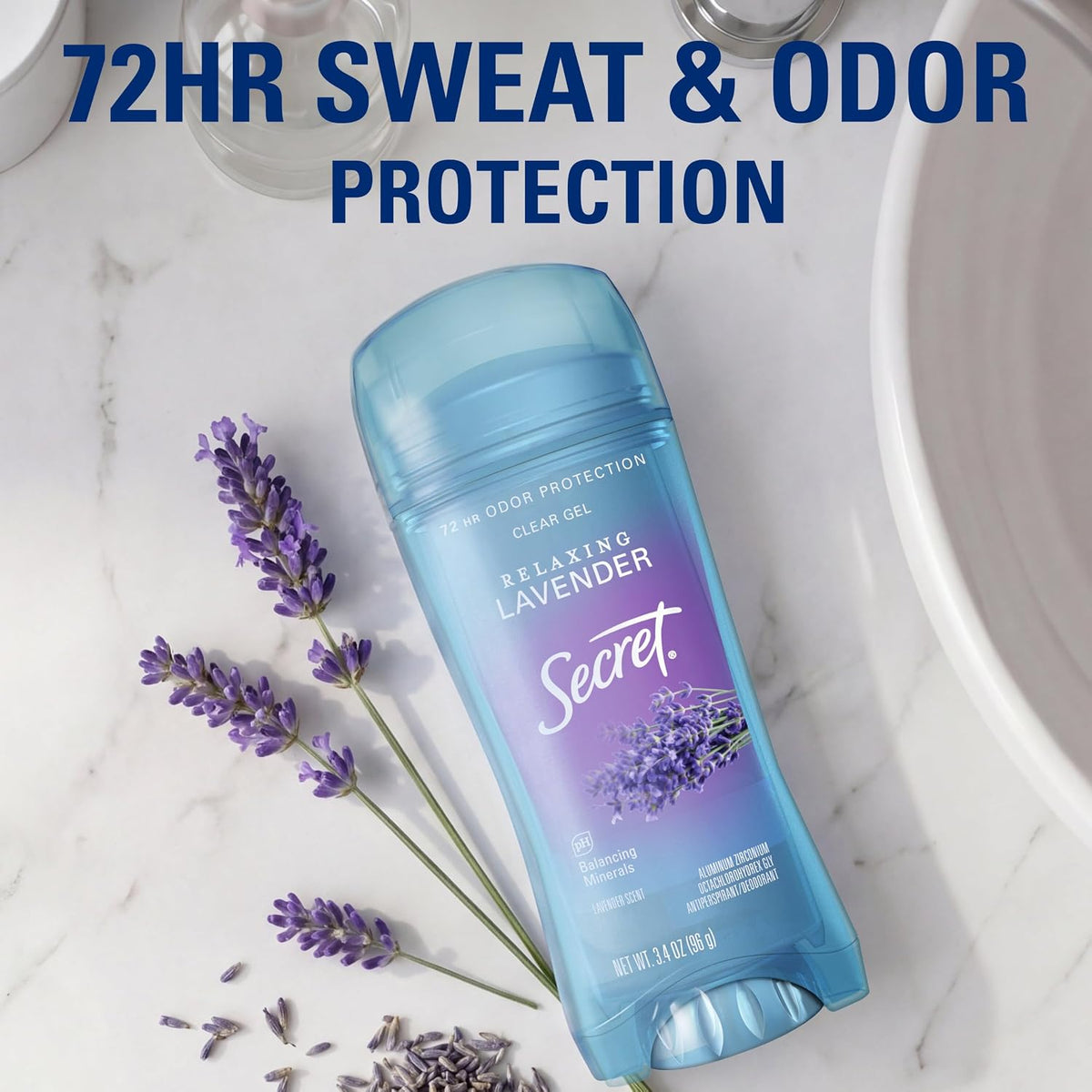 Secret Fresh Antiperspirant Deodorant for Women, 72hr Breathable Sweat & Odor Protection, Instant Freshness & Gentle, PH Balancing Minerals, Clear Gel, Relaxing Lavender Scent, 2.6 oz