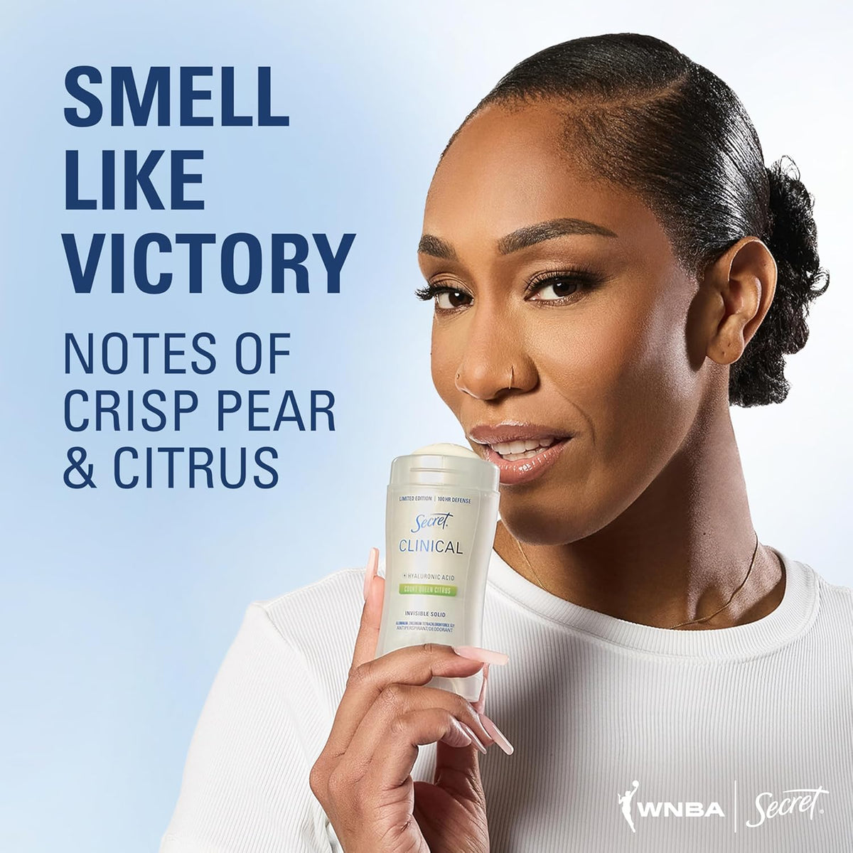 Secret Clinical Strength 100HR Defense, Invisible Solid Antiperspirant Deodorant for Women, A'Ja Wilson Edition, Triple Threat Sweat Protection, Hyaluronic Acid, Court Queen Citrus Scent, 2.6 oz