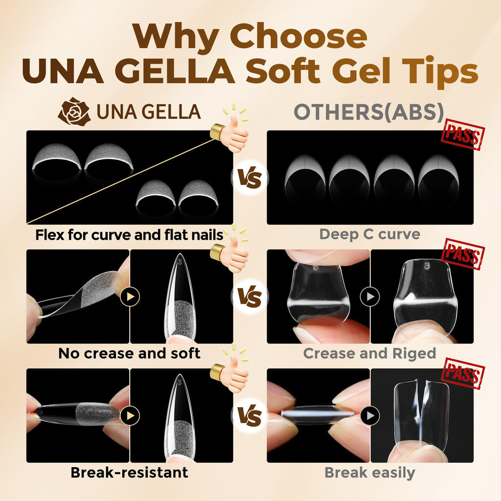UNA GELLA Almond Gel Nail Tips 504PCS Pre-Etched Clear Fake Nails Tips