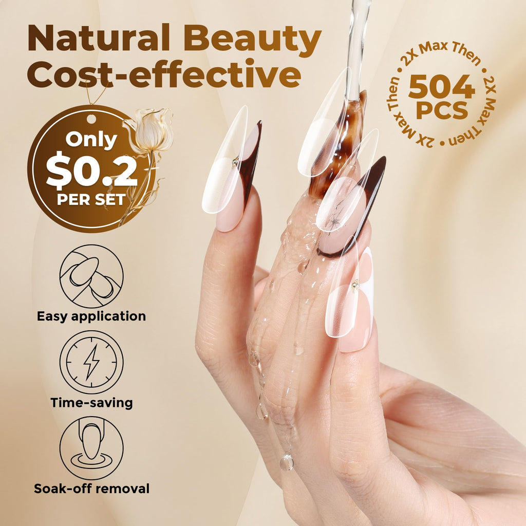 UNA GELLA Almond Gel Nail Tips 504PCS Pre-Etched Clear Fake Nails Tips