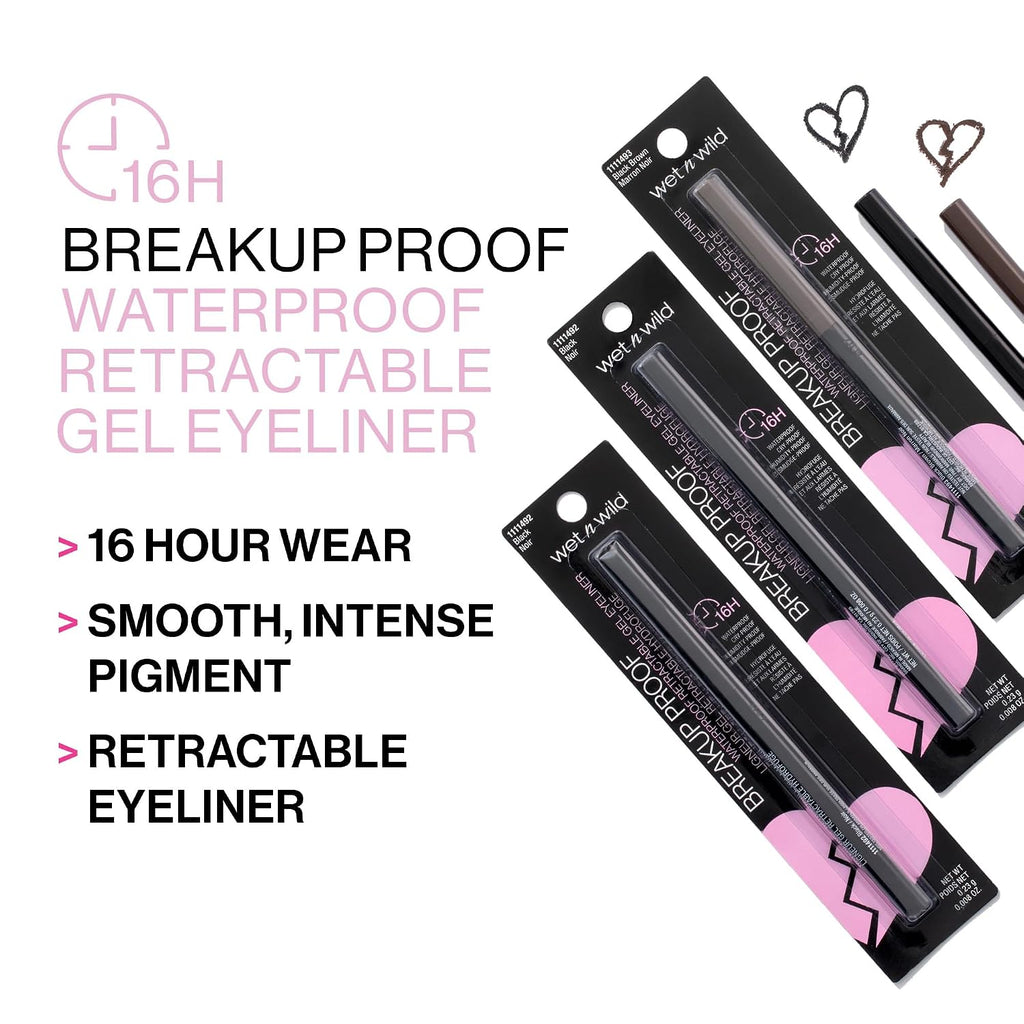 wet n wild Mega Last Breakup Proof Waterproof Retractable Gel Eyeliner - Ultra Pigmented 16-Hour Long Wear, Smudge Proof Satin Finish Formula, Cruelty-Free & Vegan - Charcoal