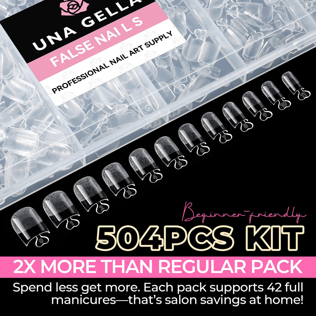 UNA GELLA Almond Gel Nail Tips 504PCS Pre-Etched Clear Fake Nails Tips