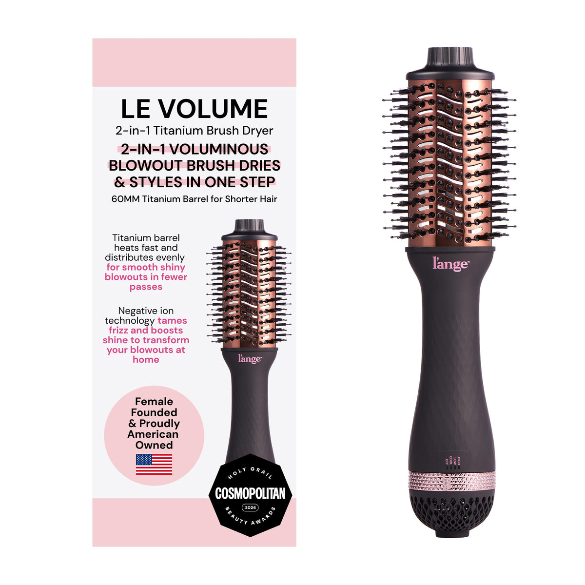 L'ANGE HAIR Le Volume 2-in-1 Titanium Blow Dryer Brush | Frizz Control Blowout Hair Dryer Brush for Drying and Styling | Volumizing Hot Air Styler for All Hairstyles | Oval Barrel | Black - 75mm