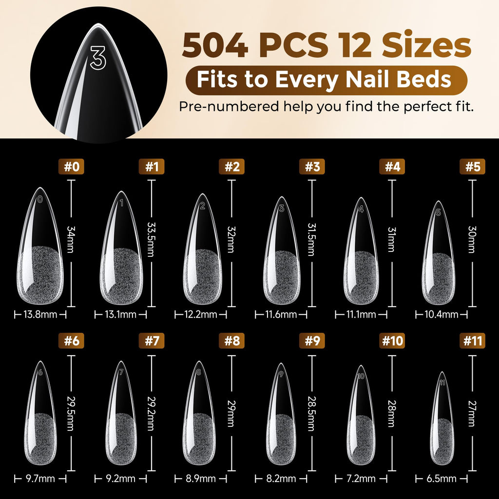 UNA GELLA Almond Gel Nail Tips 504PCS Pre-Etched Clear Fake Nails Tips