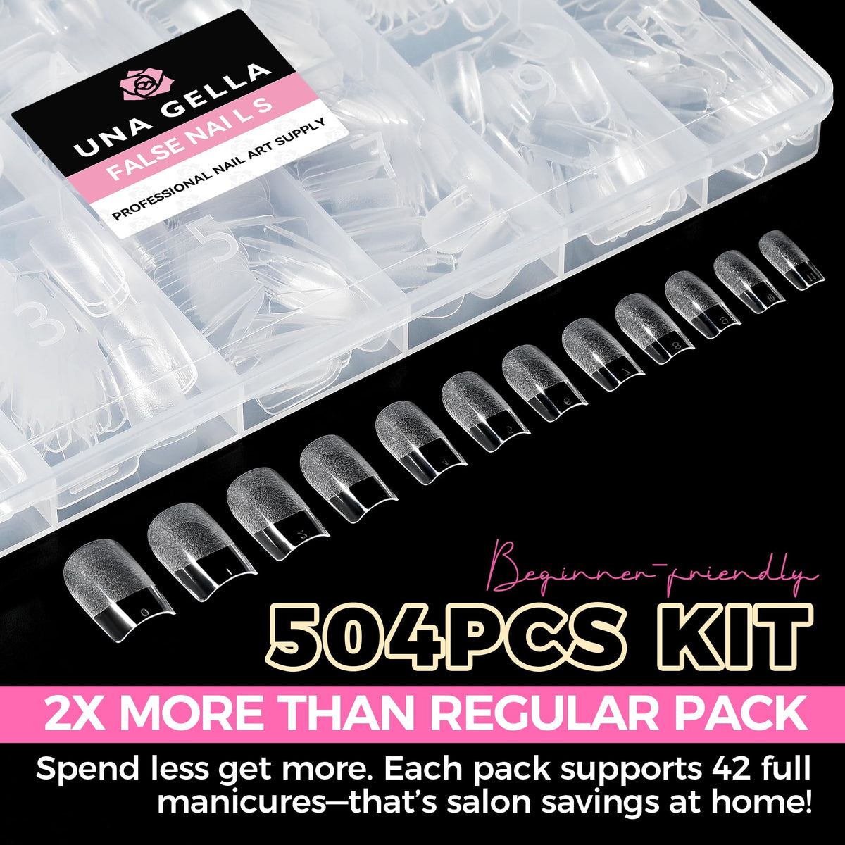 UNA GELLA Almond Gel Nail Tips 504PCS Pre-Etched Clear Fake Nails Tips