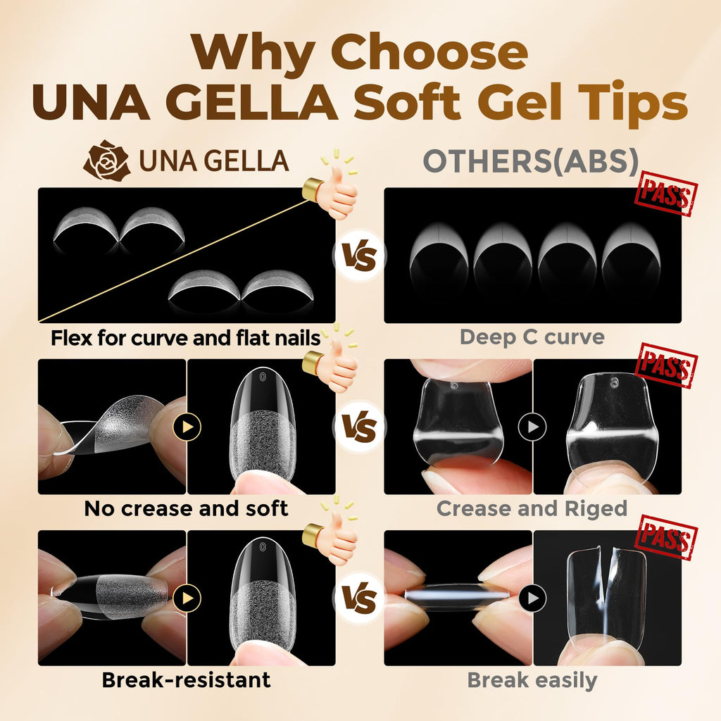 UNA GELLA Almond Gel Nail Tips 504PCS Pre-Etched Clear Fake Nails Tips