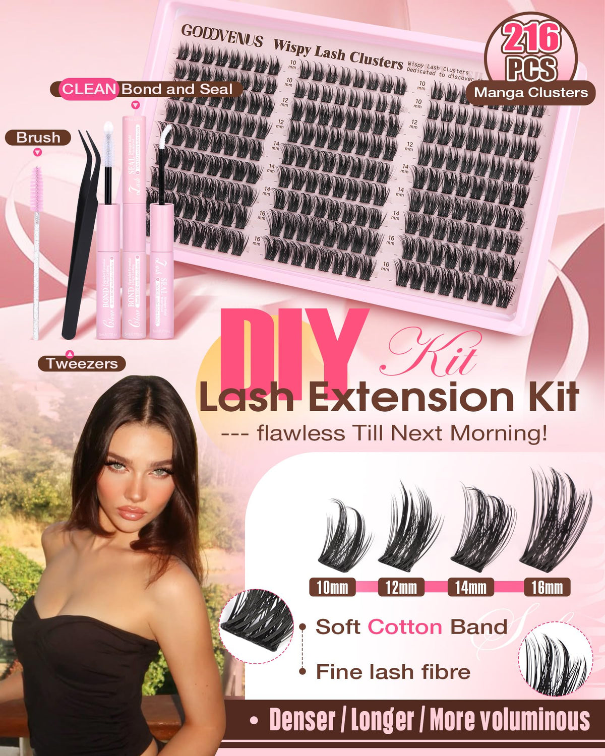Goddvenus Lash Clusters Kit Wispy Eyelash Clusters Lashes Natural DIY Lash Extension Kit 10-16mm Cluster Eyelash Extensions Kit 300pcs C Curl Individual Lashes Cluster Eyelash (With Tweezers)