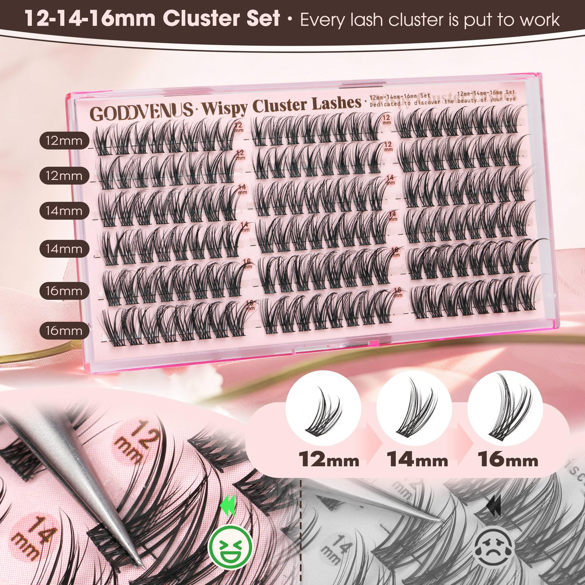 Goddvenus Lash Clusters Kit Wispy Eyelash Clusters Lashes Natural DIY Lash Extension Kit 10-16mm Cluster Eyelash Extensions Kit 300pcs C Curl Individual Lashes Cluster Eyelash (With Tweezers)