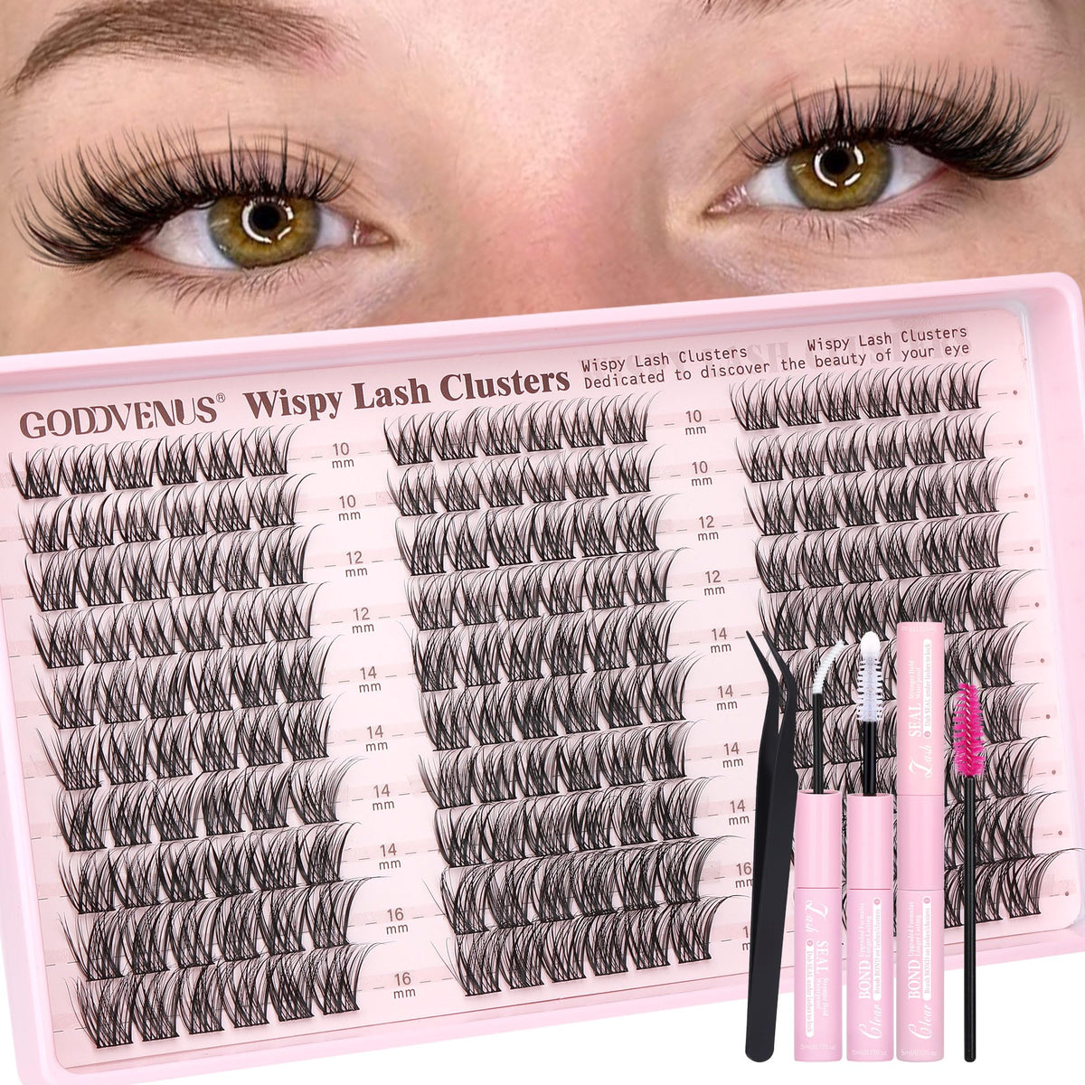 Goddvenus Lash Clusters Kit Wispy Eyelash Clusters Lashes Natural DIY Lash Extension Kit 10-16mm Cluster Eyelash Extensions Kit 300pcs C Curl Individual Lashes Cluster Eyelash (With Tweezers)