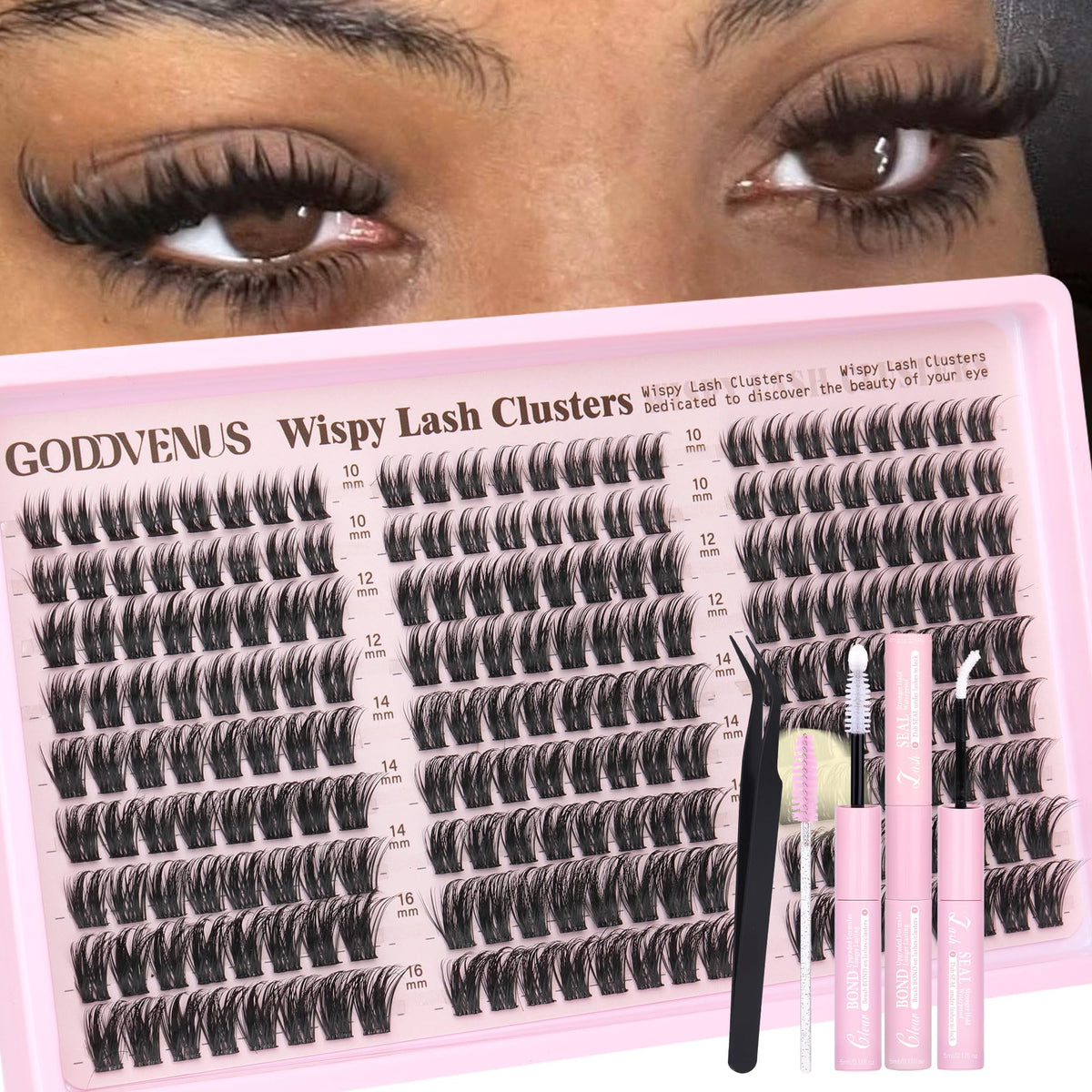 Goddvenus Lash Clusters Kit Wispy Eyelash Clusters Lashes Natural DIY Lash Extension Kit 10-16mm Cluster Eyelash Extensions Kit 300pcs C Curl Individual Lashes Cluster Eyelash (With Tweezers)