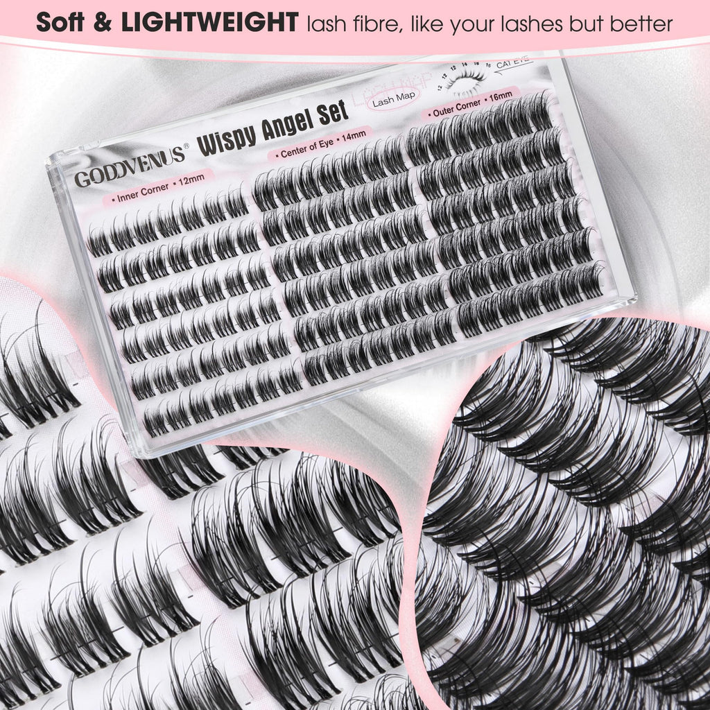 Goddvenus Lash Clusters Kit Wispy Eyelash Clusters Lashes Natural DIY Lash Extension Kit 10-16mm Cluster Eyelash Extensions Kit 300pcs C Curl Individual Lashes Cluster Eyelash (With Tweezers)