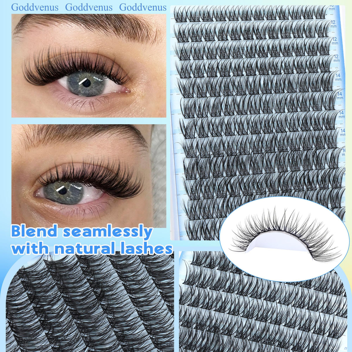 Goddvenus Lash Clusters Kit Wispy Eyelash Clusters Lashes Natural DIY Lash Extension Kit 10-16mm Cluster Eyelash Extensions Kit 300pcs C Curl Individual Lashes Cluster Eyelash (With Tweezers)
